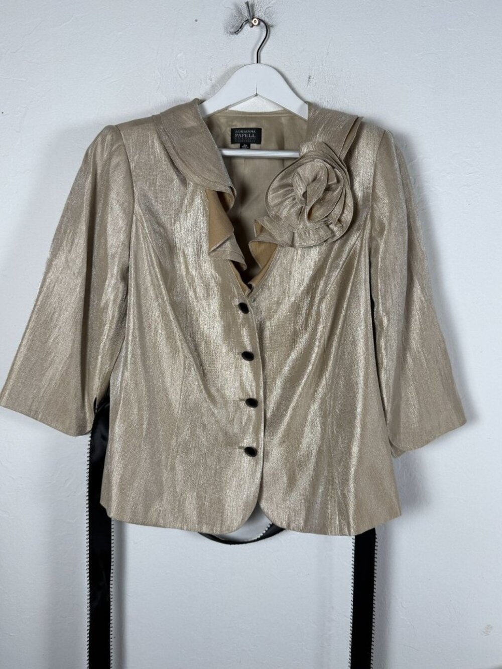 Adrianna Papell Evening Essentials Womens Gold Metallic Rosette Jacket Size 16W